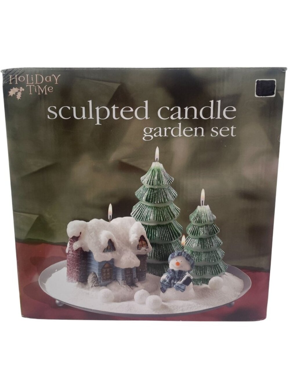 Holiday Time Snowy Winter Village Candle Set Trees Snowman Figurine Snowballs